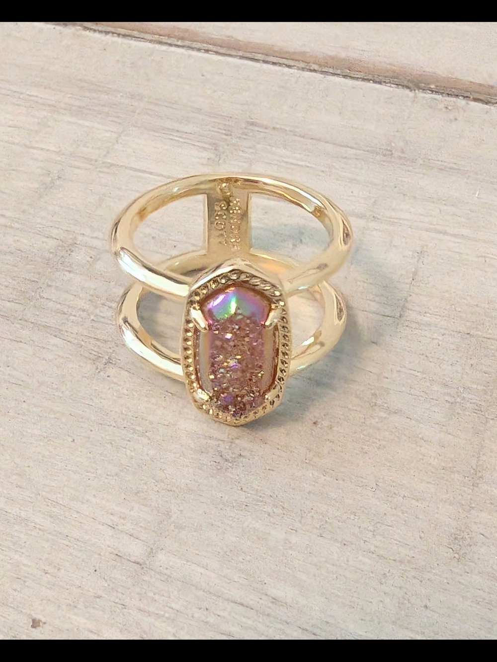 Kendra Scott Gold Split-Band Ring with Pink Druzy and Iridescent Sheen